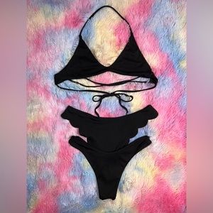 Black Ribbed 3 Piece Bikini Set - Size S